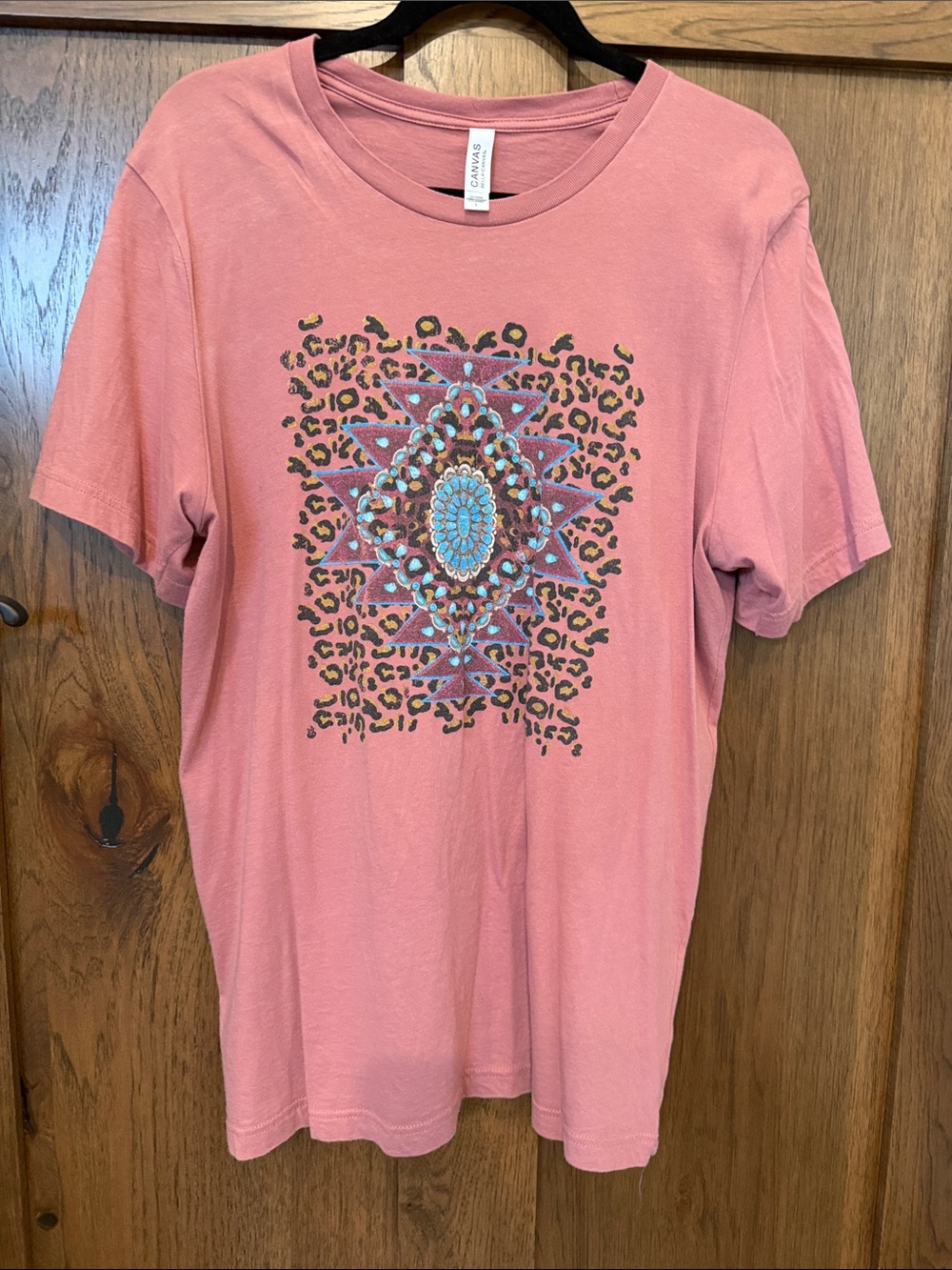 Bella Canvas Pink Short Sleeve Tee with Turquoise and Leopard Graphic